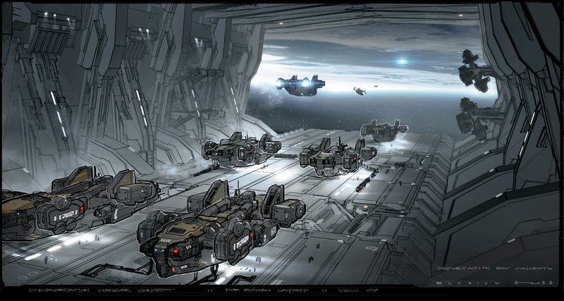 Illustration for article titled Breathtaking Concept Art of Elysium's Spaceship Hangar and Robot Deck